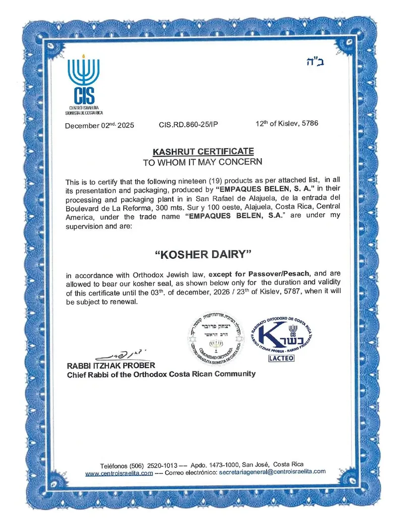 Certificado KOSHER Cremas