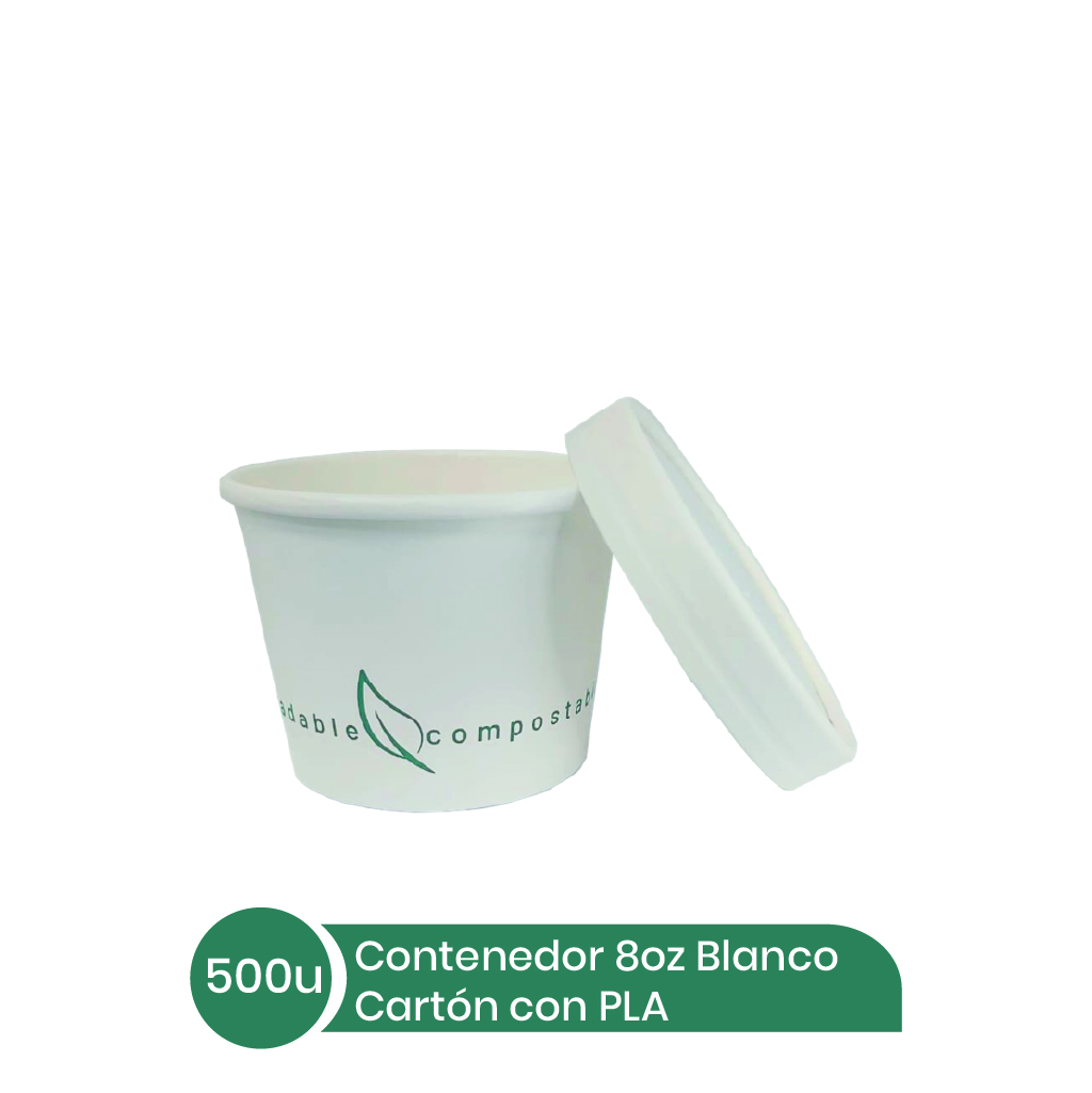 Contenedor 8 oz Blanco Cartón + PLA 20x25 unid