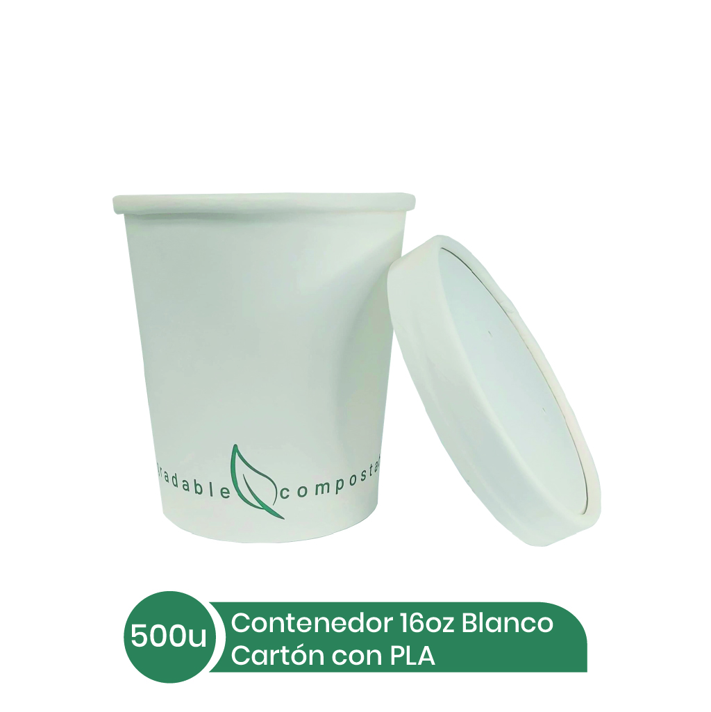 Contenedor 16 oz Blanco Cartón + PLA 20x25 unid