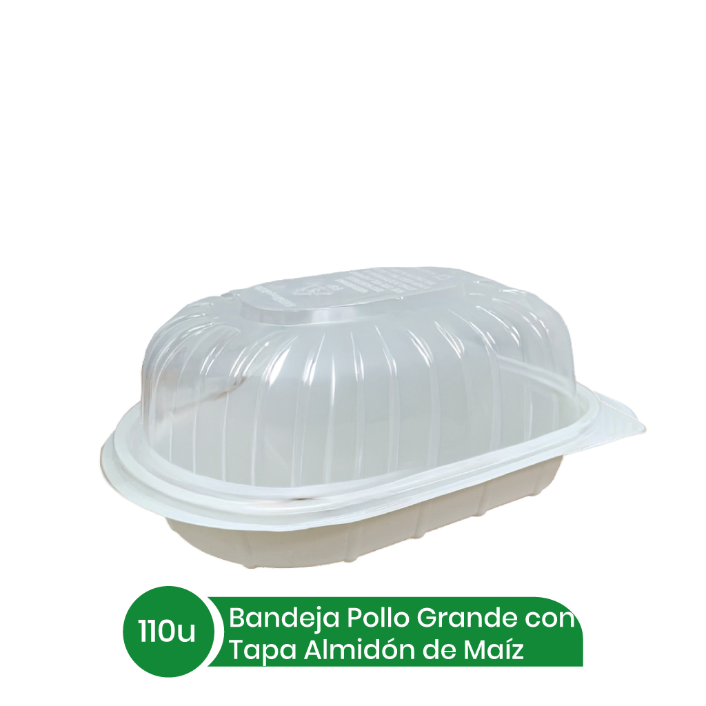 Bandeja Pollo Grande Almidón de Maíz + Tapa Transp 110